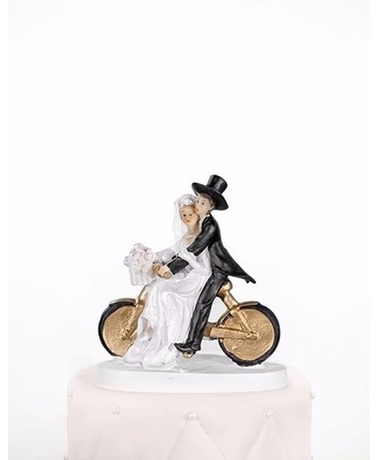 Trouwfiguurtje bruidspaar op een fiets 13 cm - bruiloft / huwelijk taarttopper