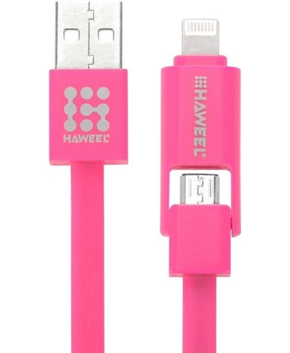 HAWEEL 2 in 1 Micro USB & 8 Pin naar USB Data Sync & laad Kabel voor iPhone 6s & 6s Plus / iPhone 6 & 6 Plus / 5 & 5S, Samsung Galaxy S6 / S5, Lengte: 1m(hard roze)