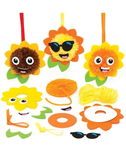 Decoratiesets met zonnebloem met pompon die kinderen kunnen maken, versieren en ophangen – creatieve knutselset voor kinderen (verpakking van 3)
