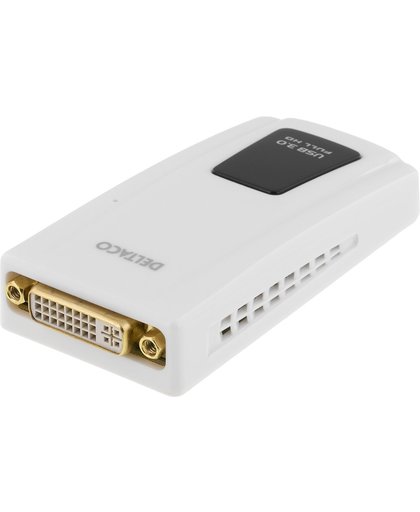 DELTACO USB3-DVI, USB 3.0 naar DVI/HDMI/VGA adapter - externe videokaart, Dual Link, Multi Monitor Windows & MAC OS 2048x1152, Wit