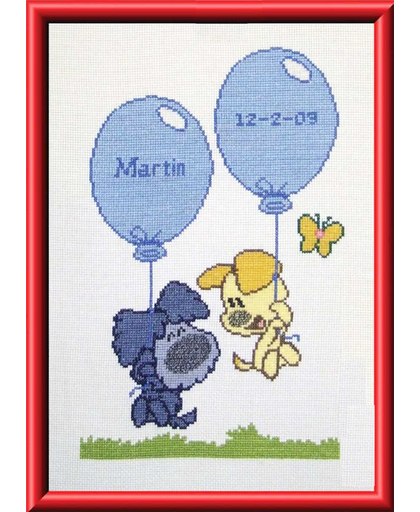 borduurpakket 271.002 woezel en pip, geboorte, ballonnen (incl. blauw/rose garen)