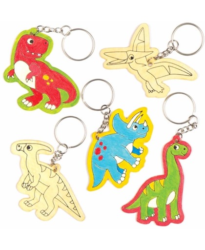 Houden sleutelhangers met dinosaurusthema die kinderen naar eigen smaak kunnen inkleuren en versieren – creatieve knutselset voor kinderen (6 stuks per verpakking)