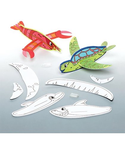 Zweefvliegtuigjes in de vorm van zeedieren die kinderen naar eigen smaak kunnen inkleuren en versieren - Zomerknutselset voor kinderen (6 stuks per verpakking)