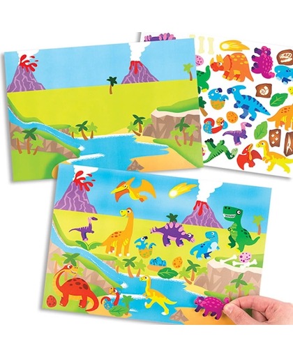 Een vel met een landschap en stickers van dinosaurussen voor kinderen om te ontwerpen, maken en op te hangen – creatieve stickerknutselset voor kinderen (verpakking van 4)