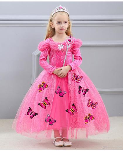 Prinsessen jurk roze maat 140 + gratis staf en kroon - met vlinders - (labelmaat 150) - verkleedjurk