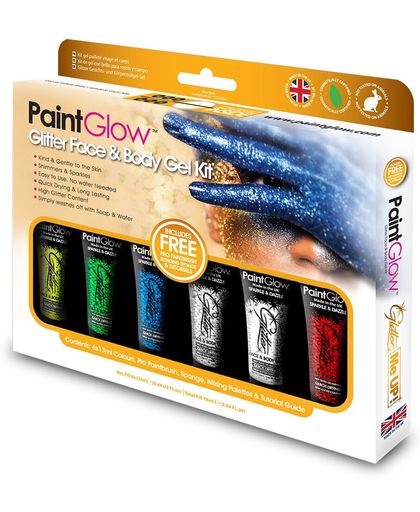 Glitter gel make-up set voor gezicht en lichaam – 6 kleuren (13ml), incl. kwast, spons en handleiding!