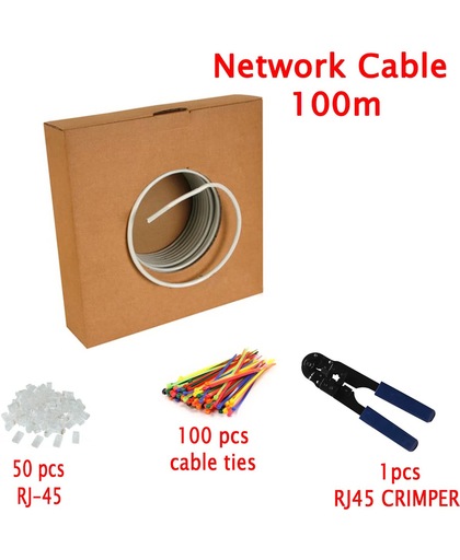 Multi-Kabel Cat5e kabel 100 METER - 24 AWG Solid UTP Ethernet netwerkkabel - Met Krimptang, 50 RJ45 stuks en 100 kabelbinders incl. - 550 Mhz Grijs