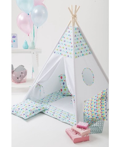 Tipi Tent - Speeltent - Tent -Wigwam - Witte Tipi met kleurig / vrolijk vogeltjes patroon - Inclusief  Speelmat & Kussensloop