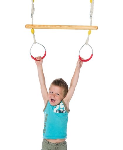 D ko-Play trapeze  van essen hout behandeld met lijnzaadolie met metalen ringen met kunststof rood