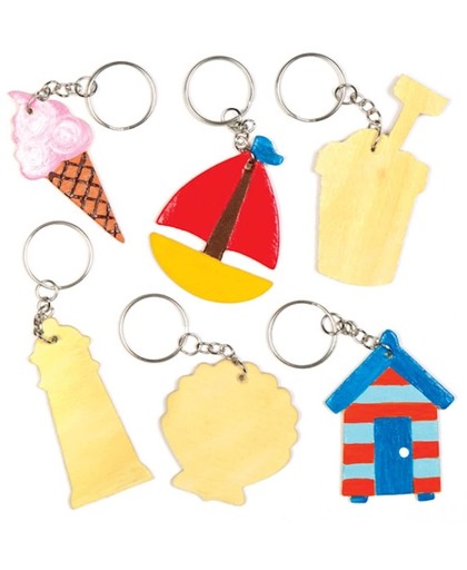 Houten sleutelhangers met strandtaferelen die kinderen naar eigen smaak kunnen inkleuren en versieren – creatieve zomerknutselset voor kinderen (6 stuks per verpakking)