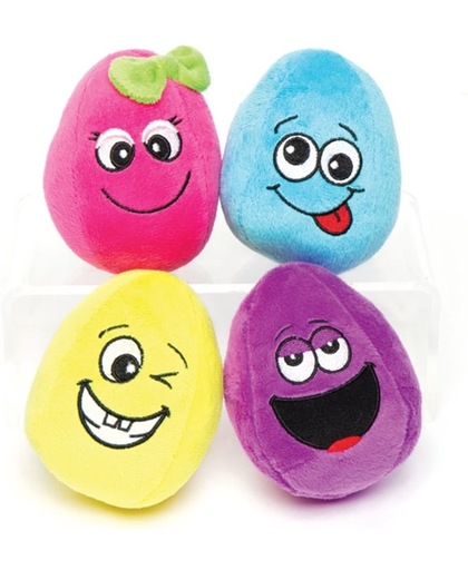 Kinderspeelgoedset pluchen vriendjes met grappige gezichtjes. Vulling voor feesttasje voor Pasen/lente of cadeautje voor kinderen (verpakking van 4)