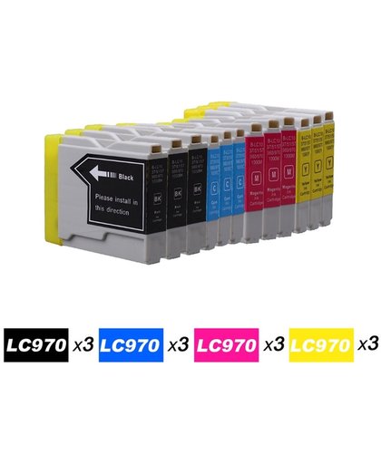 12 Pack Compatible inktcartridges voor Brother LC-970 LC-1000 voor Brother MFC-5860CN, MFC-665CW - 3 Zwart, 3 Cyan, 3 Magenta, 3 Geel