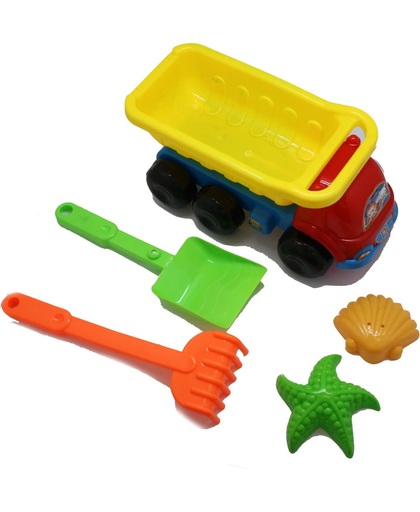 Strandspeelgoed / zandspeelset - 5-delig incl. speegoed vrachtwagen, 2x zandvorm, strandschep, 1x strandhark