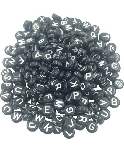 Acryl Letterkralen Zwart - 100 stuks - Ronde Alfabetkralen Zwart 7 mm