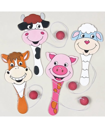 Speelgoed houten bats met boerderijdieren feestartikelen voor kinderen ideaal om cadeau te geven (4 stuks)