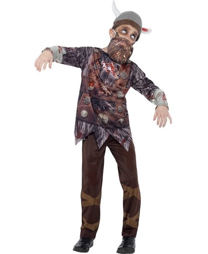 Deluxe Zombie Viking Costume Brown Top Trousers Beard Hat & Sublimation Print