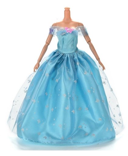 Blauwe Prinsessenjurk, baljurk of trouwjurk met vlinders en een schort van kant voor de Barbie pop - NBH®