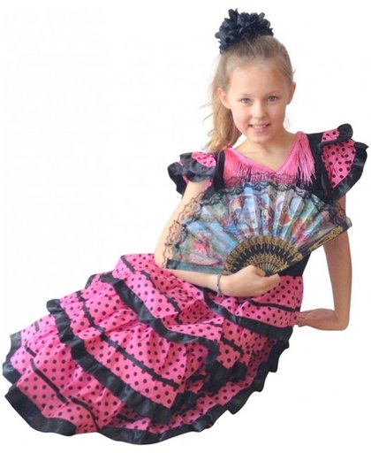Spaanse jurk - Flamenco - Zwart/Roze - Maat 140/146 (12) - Verkleed jurk