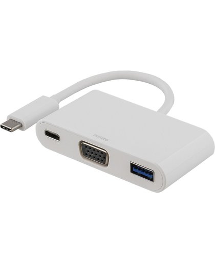 DELTACO USBC-1169 Multiport adapter USB-C naar VGA 1080p (1920x1080 @ 60Hz), USB 3.1 en USB-C PD4 60W adapter wit