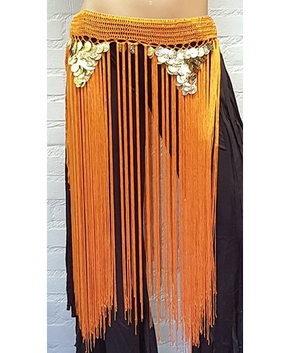 Buikdans heupsjaal oranje met lange franjes en gouden muntjes