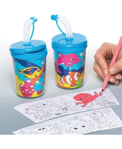 Inkleurbare bekers met buigrietjes en zeedieren voor kinderen om te versieren - Een leuk cadeautje voor in uitdeelzakjes voor kinderen in de zomer (3 stuks per verpakking)