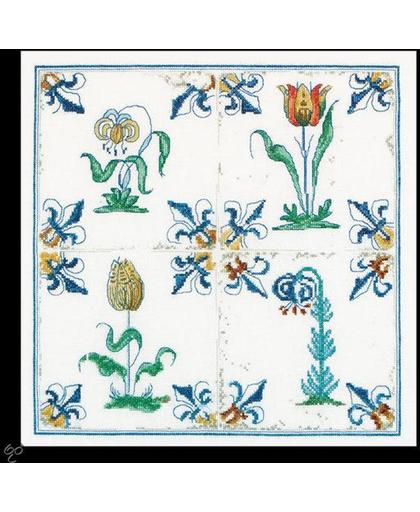 Thea Gouverneur Borduurpakket 485 Delft blauwe tegels bloemen - Linnen stof