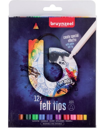 Bruynzeel Teens 12 super viltstiften - met witte wis-stift