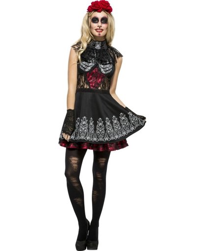 Halloween Gothic jurkje met doodshoofden en kant | Verkleedkleding dames maat XS (32/34)