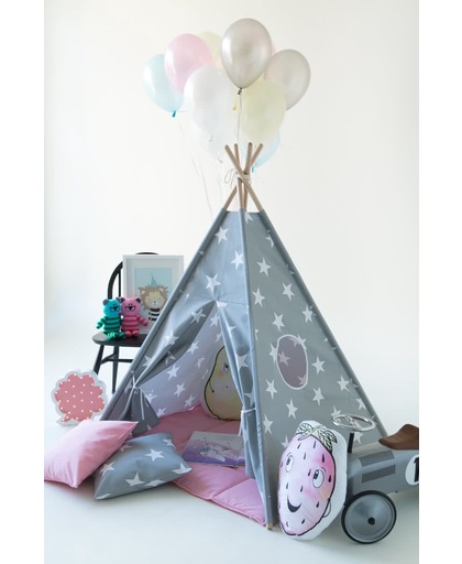 Tipi Tent - Speeltent - Tent -Wigwam - Grijze Tipi met Grote Witte Sterren - Inclusief Roze Speelmat & Kussensloop