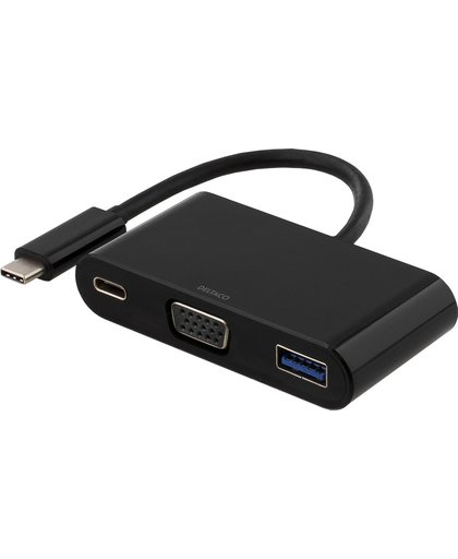 DELTACO USBC-1168 Multiport adapter USB-C naar VGA 1080p (1920x1080 @ 60Hz), USB 3.1 en USB-C PD4 60W adapter zwart