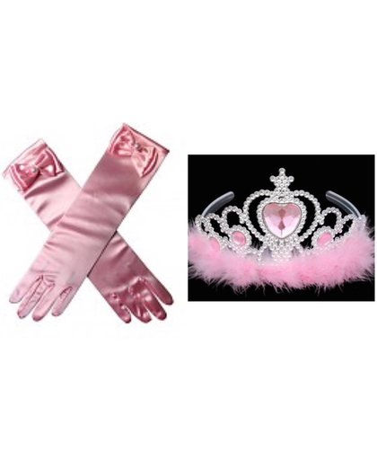 Prinsessen accessoire set - roze lange handschoenen + kroon - verkleedkleding - prinsessenjurk