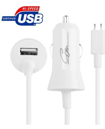 5V 2.0A Micro USB Premium auto lader met spiraalkabel en USB-uitgang voor Samsung Galaxy S IV / S III / Note II / Grand Trend Duos / Premier HTC One / M7 / X920e Nokia Lumia 920 Sony Xperia Series etc wit (kabel lengte: 1m)