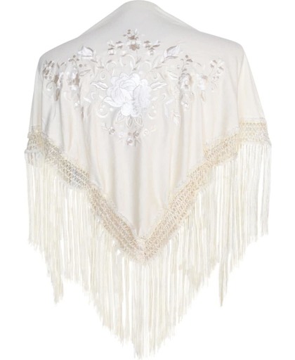 Spaanse manton - omslagdoek - voor kinderen - creme wit met creme witte bloemen - bij Flamenco Prinsessen jurk