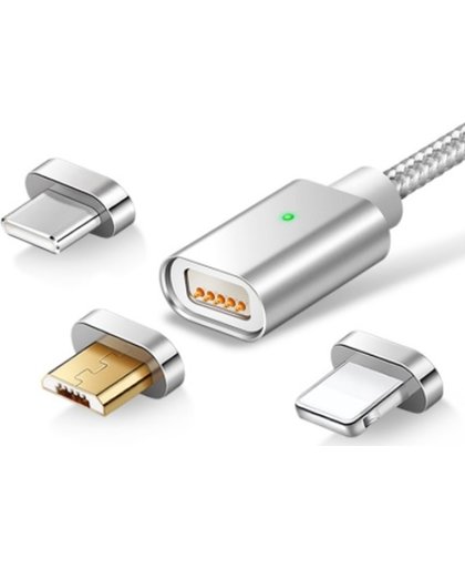 Elough® 3 in 1 Magnetisch kabel- 2.4A Fast Charge USB Laad en Datakabel gescikt voor de  MICRO USB / TYPE C / Lightning 8-Pin poorten -  Zilver