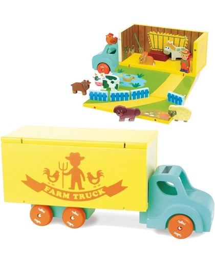 Vilac houten speelgoed vrachtwagen en boerderij met 14 accessoires.