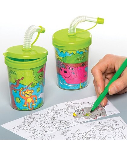 Inkleurbare bekers met buigrietjes en jungledieren voor kinderen om te versieren - Een leuk cadeautje voor in uitdeelzakjes voor kinderen (3 stuks per verpakking)