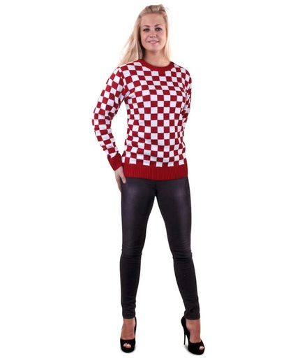 Gebreide sweater rood/wit geblokt voor volwassenen