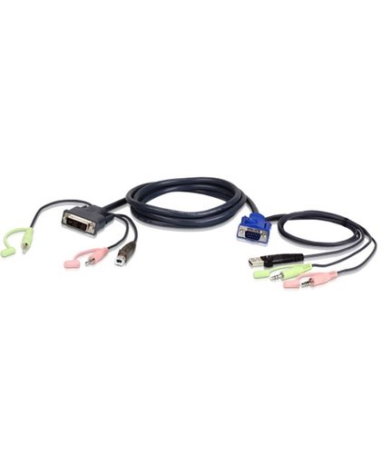 Aten 2L-7DX2U HDB-15 Male, USB A, Mini Stereo Jack DVI-I (Single Link), USB B, Mini Stereo Jack Zwart, Groen, Roze kabeladapter/verloopstukje