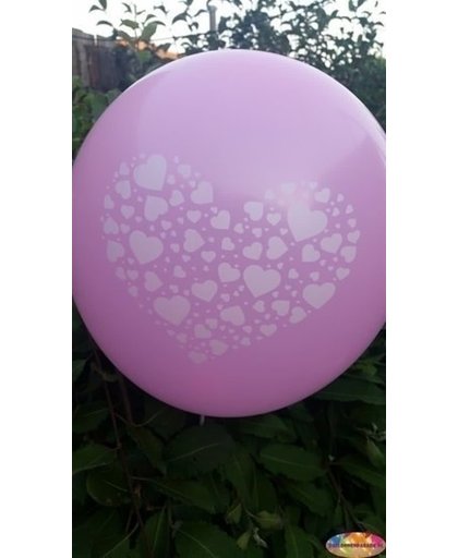 Voordeelpak 100 stuks Roze ballon met witte hartjes in groot hart in groot hart 30 cm hoge kwaliteit