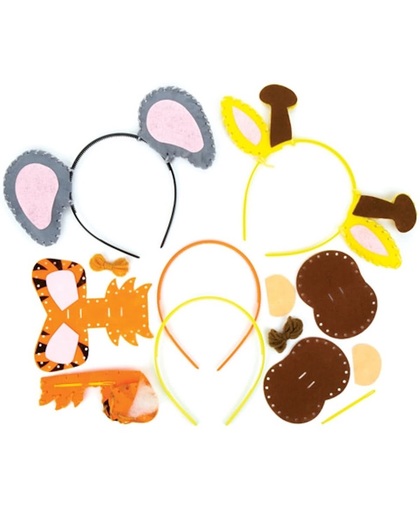 Naaisets met haarband met jungledier die kinderen kunnen maken en dragen tijdens een leuk verkleedfeestje – creatieve knutselset voor kinderen (verpakking van 4)