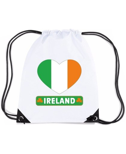 Ierland nylon rijgkoord rugzak/ sporttas wit met Ierse vlag in hart