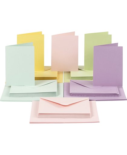 Kaarten en enveloppen, afmeting kaart 10,5x15 cm, afmeting envelop 11,5x16,5 cm, 50 sets, pastelkleuren