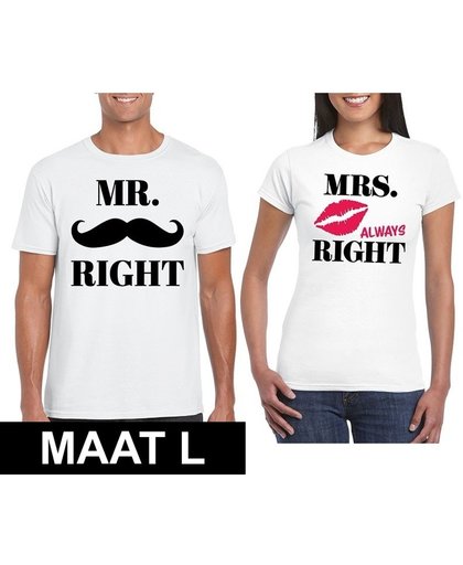 Mr. Right  & Mrs. Always Right koppel t-shirts wit maat L