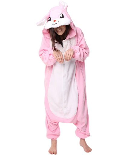 KIMU onesie konijn pak roze haas kostuum - maat L-XL - konijnenpak jumpsuit huispak