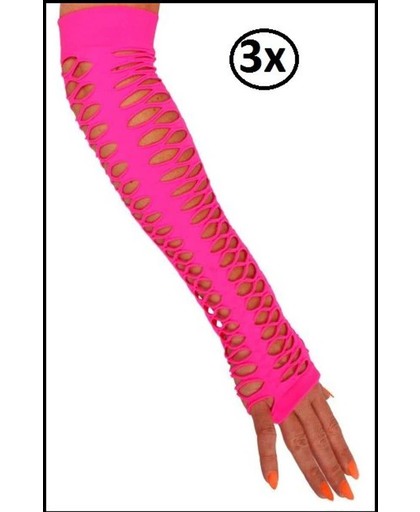 3x paar handschoenen vingerloos grote gaten pink 40 cm