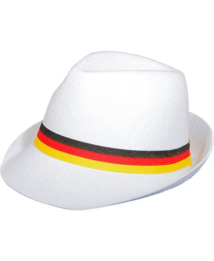 Trilby hoed wit met Zwart-Rood-Geel lint