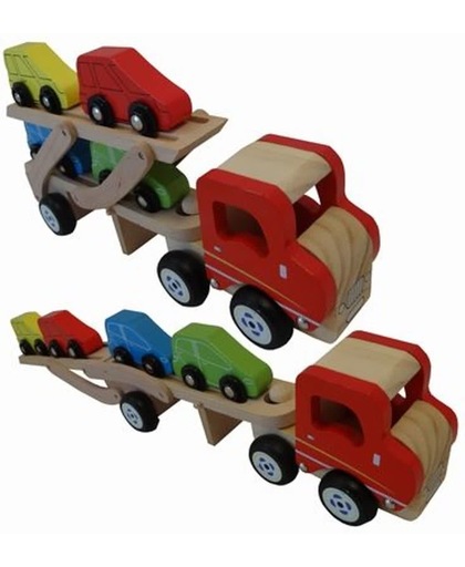 Playwood - Autotransporter met 4 auto's - Houten vrachtauto met auto's