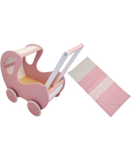 Playwood - Houten Poppenwagen roze / wit klassiek met kap - inclusief dekje roze ruitjes