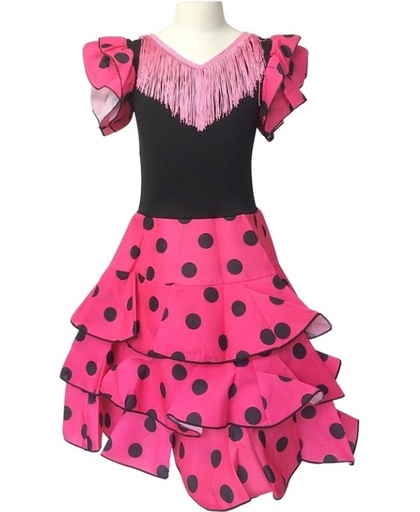 Spaanse jurk - Flamenco - Niño - Roze/Zwart - Maat 92/98 (4) - Verkleed jurk