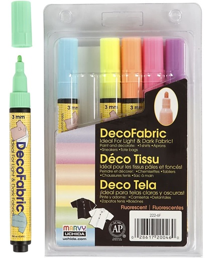 Deco textielstift,  3 mm lijn, neon kleuren, 6 assorti